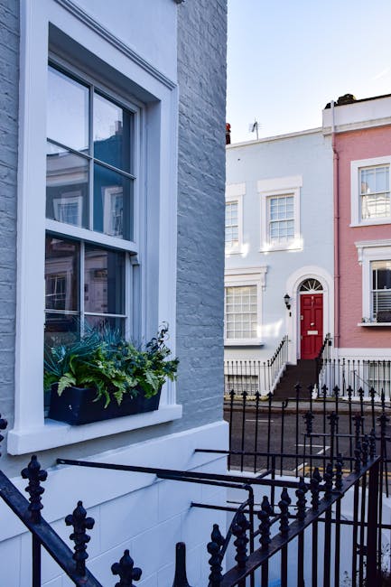 A detailed view of a white-painted residential building facade with a large double-hung sash window featuring white trim and a window box with green foliage and plants. In the background, there is a n