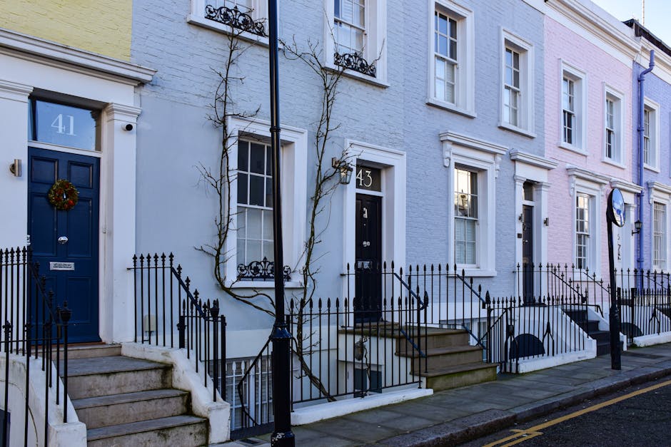 A detailed view of a white-painted residential building facade with a large double-hung sash window featuring white trim and a window box with green foliage and plants. In the background, there is a n